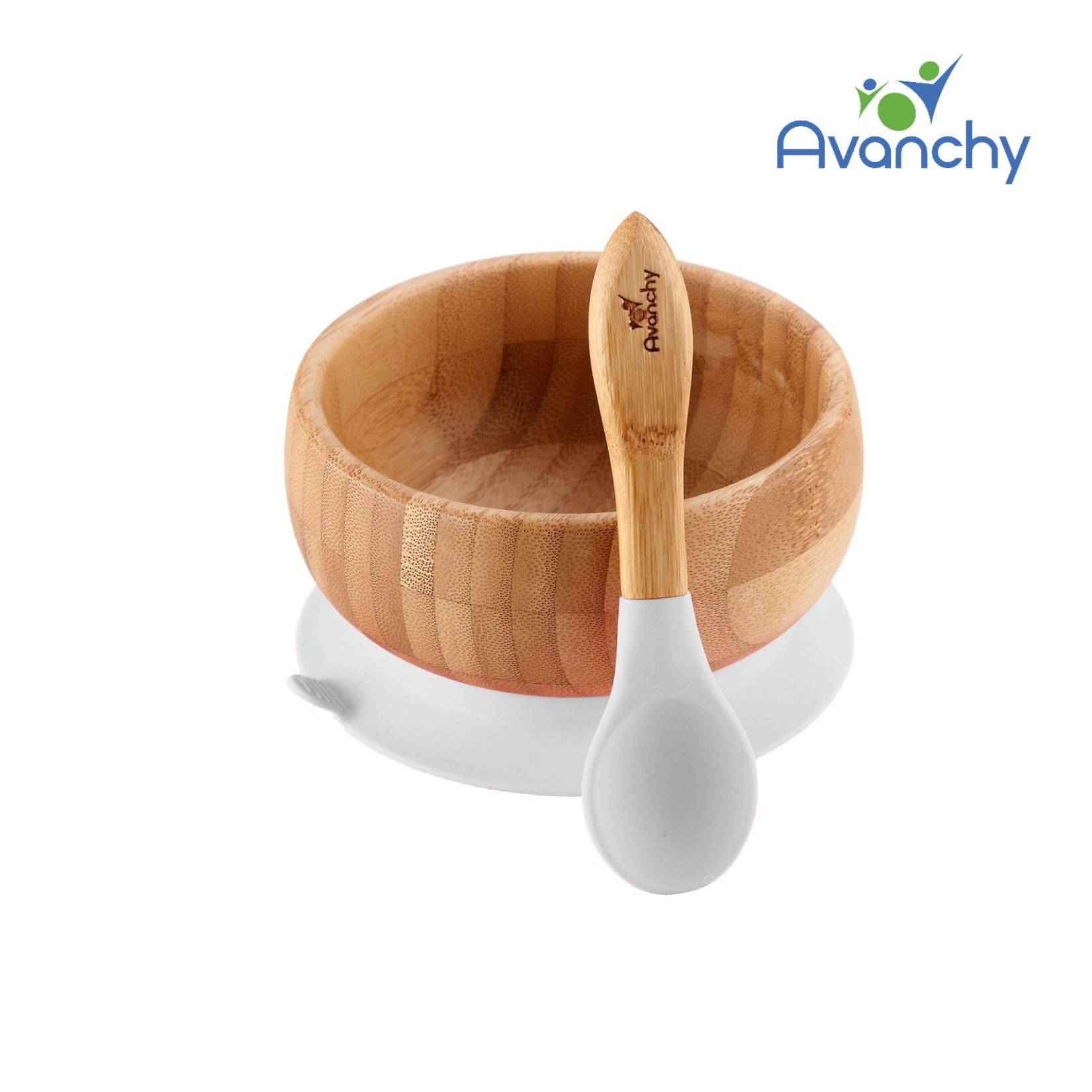 Avanchy Bamboo Suction Bowl + Spoon (White)