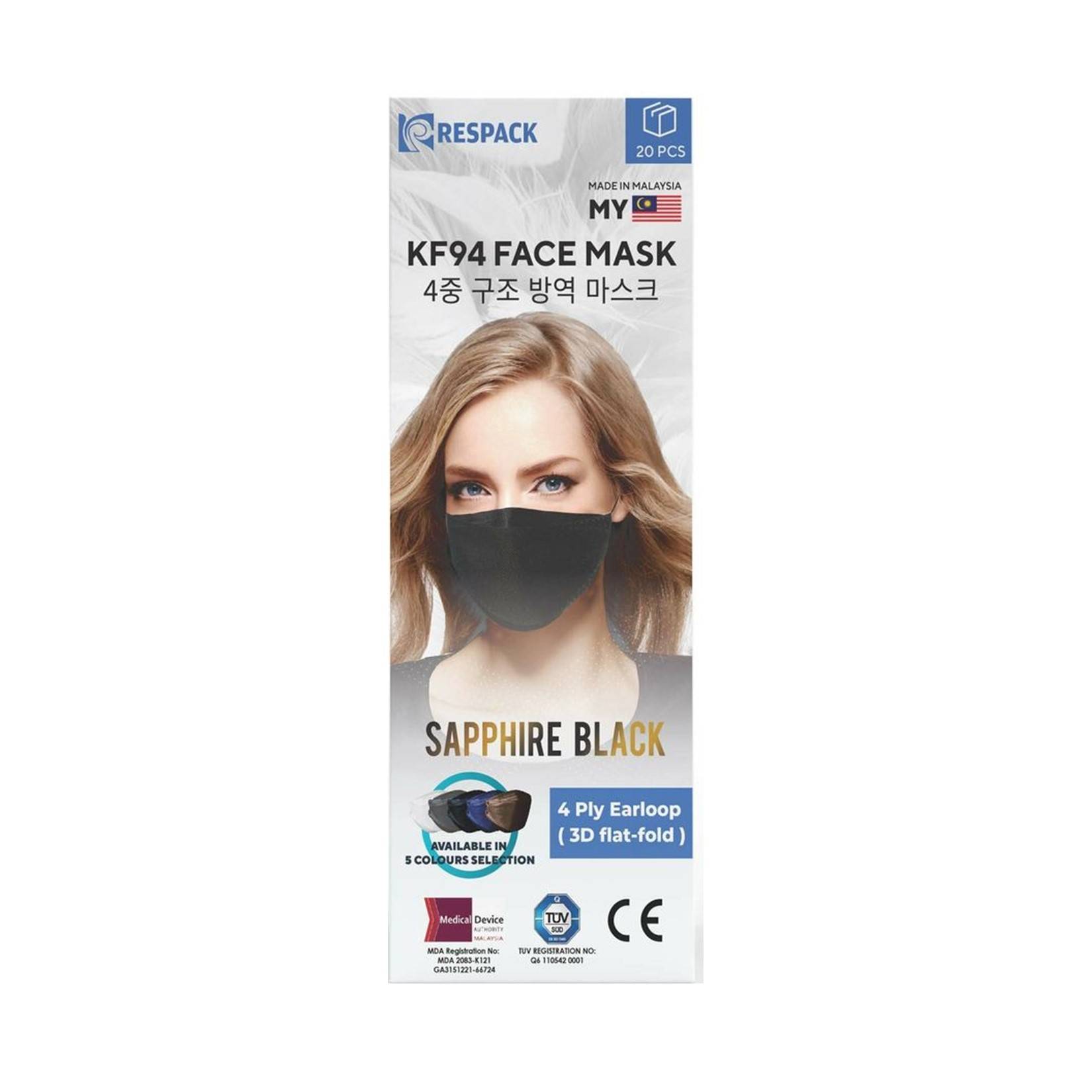 Respack KF94 4PLY Face Mask Ear Loop 20s Sapphire Black